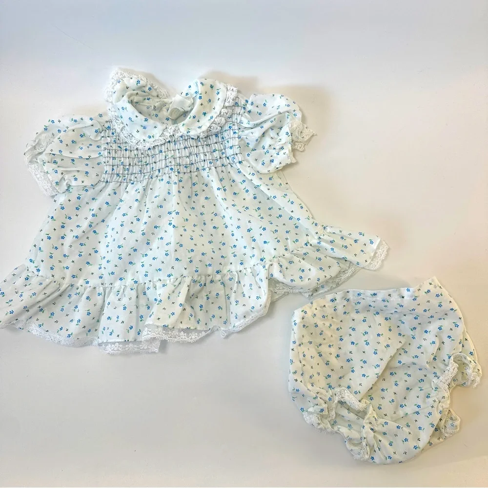 VTG Toddle Time by JcPenney Smocked Dress Bloomer White w/ Blue Flowers 2pc set